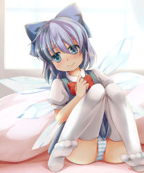 Rule 34 | 1girl, blue eyes, blue hair, cirno, feet, hair ornament, ice, ice wings, matching hair/eyes, niiya, no shoes, panties, pantyshot, sitting, solo, striped clothes, striped panties, thighhighs, touhou, underwear, white thighhighs, wings