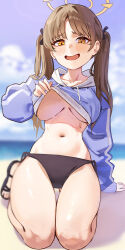 Rule 34 | 1girl, absurdres, bikini, black bikini, blue archive, blue hoodie, blush, breasts, brown hair, gubbi on, halo, highres, hood, hood down, hoodie, large breasts, long hair, long sleeves, looking at viewer, moe (blue archive), moe (swimsuit) (blue archive), navel, official alternate costume, open mouth, sandals, smile, solo, swimsuit, twintails, yellow eyes, yellow halo