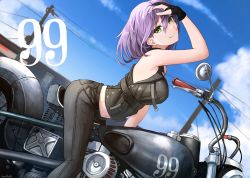 Rule 34 | 1girl, bent over, black gloves, blue sky, breasts, closed mouth, day, gloves, green eyes, grey pants, hair between eyes, hand in own hair, highres, junshiki, long hair, looking at viewer, medium breasts, midriff, motor vehicle, motorcycle, navel, original, outdoors, pants, purple hair, riding, sky, sleeveless, smile, solo, stomach