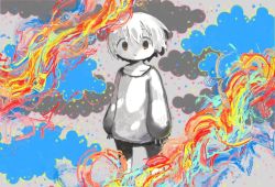 Rule 34 | 1boy, 666haorare666, abstract, androgynous, bad id, bad twitter id, cloud, collarbone, colorful, commentary, cropped legs, expressionless, grey shirt, hair between eyes, long sleeves, looking at viewer, male focus, no nose, original, puffy long sleeves, puffy sleeves, shirt, short hair, solo, standing, white hair