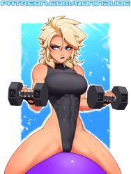 Rule 34 | 1girl, abs, artist name, blonde hair, blue eyes, breasts, commentary, dumbbell, earrings, english commentary, fingerless gloves, gloves, holding, jewelry, leotard, medium breasts, medium hair, muscular, muscular female, original, patreon username, pointy ears, ronindude, sassy (ronindude), solo, watermark