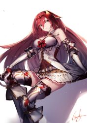 Rule 34 | 1girl, armor, artist name, bare shoulders, blue eyes, breasts, closed mouth, detached collar, elbow gloves, gauntlets, genyaky, gloves, godsworn alexiel, granblue fantasy, greaves, hair between eyes, hand on own knee, headgear, highres, large breasts, long hair, looking at viewer, miniskirt, pleated skirt, red hair, signature, simple background, skirt, solo, thighhighs, white background