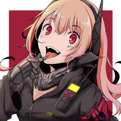 Rule 34 | 1girl, absurdres, armband, blonde hair, border, character name, finger to tongue, girls&#039; frontline, hair ornament, hand fan, headgear, highres, long hair, looking at viewer, m4 sopmod ii (girls&#039; frontline), mechanical arms, multicolored hair, noredji, prosthesis, prosthetic arm, red background, red eyes, red hair, single mechanical arm, smile, solo, streaked hair, upper body, walkie-talkie, white border