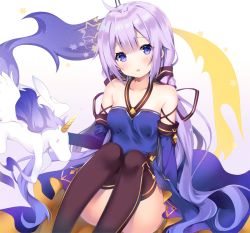 Rule 34 | 1girl, ahoge, azur lane, black thighhighs, blush, detached sleeves, dress, kanora, knees up, long hair, looking at viewer, parted lips, purple dress, purple eyes, purple hair, solo, thighhighs, unicorn, unicorn (azur lane), very long hair, vocaloid