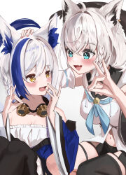 Rule 34 | 2girls, absurdres, ahoge, animal ear fluff, animal ears, aomiya yozuri, black shorts, black thighhighs, blue hair, blue neckerchief, blush, braid, cat ears, cat girl, cat tail, commentary request, detached sleeves, earrings, fang, fox ears, fox girl, fox shadow puppet, fox tail, goggles, goggles around neck, green eyes, hair between eyes, hand on another&#039;s head, highres, hololive, hood, hoodie, jewelry, long hair, looking at another, midriff, multicolored hair, multiple girls, navel, neckerchief, open mouth, shirakami fubuki, shirakami fubuki (1st costume), short shorts, shorts, sidelocks, simple background, single braid, single thighhigh, siyara amau, streaked hair, swept bangs, tail, thigh strap, thighhighs, vee (vtuber), virtual youtuber, white background, white hair, white hoodie, yellow eyes
