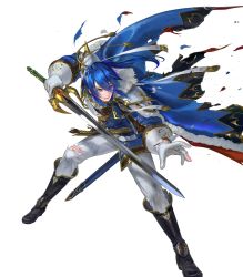 Rule 34 | 1boy, belt, black footwear, blue cape, blue eyes, blue hair, boots, cape, egawa akira, fire emblem, fire emblem: genealogy of the holy war, fire emblem heroes, full body, fur-trimmed cape, fur trim, gloves, headband, highres, holding, holding sword, holding weapon, long hair, low ponytail, male focus, matching hair/eyes, nintendo, official art, seliph (fire emblem), solo, sword, teeth, torn clothes, transparent background, tyrfing (fire emblem), weapon, white gloves