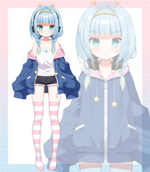 1girl bare_shoulders black_shorts blue_hair blue_jacket braid camisole closed_mouth collarbone commentary commentary_request english_commentary fur-trimmed_shorts fur_trim gradient_hair green_hair hair_over_shoulder hairband headphones hood hood_down hooded_jacket jacket jelly_hoshiumi jelly_hoshiumi_(2nd_costume) long_hair low_twintails mauve multicolored_hair multiple_views no_shoes off_shoulder official_art open_clothes open_jacket phase_connect short_shorts shorts smile star_(symbol) striped_clothes striped_thighhighs textless_version thighhighs twin_braids twintails virtual_youtuber white_background white_camisole yellow_hairband zoom_layer