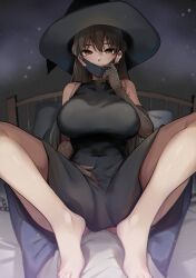 Rule 34 | 1girl, bare shoulders, barefoot, black dress, black eyes, black gloves, black headwear, blush, breasts, commentary, covered navel, dress, ear piercing, elbow gloves, english commentary, feet, gloves, halloween, hat, highres, indoors, konata (kankin jk), large breasts, looking at viewer, mask, mishiranu joshikousei ni kankin sareta mangaka no hanashi, mouth mask, on bed, piercing, ryouma (galley), sitting, spread legs, thighs, tongue, tongue out, witch hat