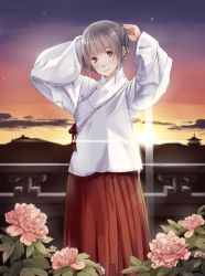 Rule 34 | 1girl, arms up, bad id, bad pixiv id, blush, chinese clothes, flower, grey eyes, hair ribbon, holding, japanese clothes, looking at viewer, miko, original, pagoda, pvmivs, ribbon, silver hair, smile, solo, star (sky), sunlight, sunset