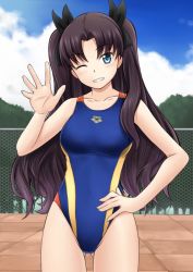 Rule 34 | 1girl, arena (company), black hair, blue eyes, breasts, competition swimsuit, fate/stay night, fate (series), fuuma nagi, grin, hand on own hip, jpeg artifacts, large breasts, long hair, md5 mismatch, one-piece swimsuit, one eye closed, resized, resolution mismatch, smile, source larger, swimsuit, tohsaka rin, twintails, two side up, waving