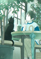 Rule 34 | 1girl, absurdres, animal collar, black cat, black eyes, black hair, bracelet, cat, coffee cup, collar, cup, disposable cup, highres, indoors, jewelry, original, sitting, solo, taka (tsmix), umbrella, window