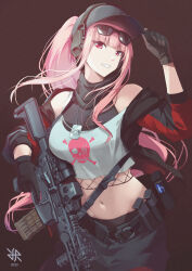 Rule 34 | 1girl, 2023, ammunition pouch, ar-15, artist logo, bare shoulders, baseball cap, belt, belt pouch, black belt, black gloves, black hat, black jacket, black pants, breasts, cleavage, commentary, crop top, cropped shirt, dog tags, english commentary, eotech, eyewear on head, fishnet top, fishnets, foregrip, gloves, grin, gun, halter shirt, halterneck, hand on headwear, hat, headphones, highres, hiroki ree, holding, holding gun, holding weapon, hololive, hololive english, jacket, large breasts, long hair, long sleeves, looking at viewer, magazine (weapon), midriff, mori calliope, mori calliope (streetwear), multicolored clothes, multicolored jacket, navel, official alternate costume, open clothes, open jacket, optical sight, pants, pink eyes, pink hair, ponytail, pouch, red jacket, rifle, scope, see-through, see-through cleavage, shirt, simple background, skull and crossbones, skull print, sleeves past elbows, smile, solo, sunglasses, sweatpants, track jacket, track suit, trigger discipline, two-tone jacket, virtual youtuber, weapon, white shirt