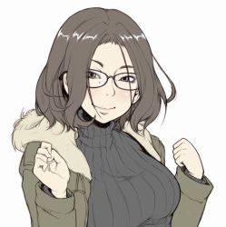 Rule 34 | 1girl, black sweater, blush, breasts, brown hair, close-up, closed mouth, coat, glasses, ina (gokihoihoi), large breasts, long sleeves, looking at viewer, mole, mole under eye, original, simple background, smile, solo, sweater, upper body, white background
