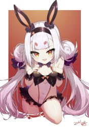 Rule 34 | 1girl, absurdres, animal ears, azur lane, breasts, commentary request, double bun, hair between eyes, hair bun, hair ornament, headband, highres, long hair, looking at viewer, navel, official alternate costume, open mouth, pg (pege544), rabbit ears, red background, shimakaze (azur lane), shimakaze (world&#039;s speediest bunny waitress) (azur lane), signature, silver hair, small breasts, solo, yellow eyes