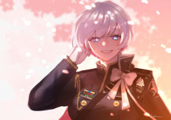 Rule 34 | + +, 1girl, black cape, black dress, blue eyes, breasts, cape, cherry blossoms, colored inner hair, dress, earrings, gloves, goddess of victory: nikke, grin, highres, jewelry, liliweiss (nikke), looking at viewer, medium breasts, military uniform, multicolored hair, nasubin bin, pink hair, purple cape, short hair, smile, solo, star-shaped pupils, star (symbol), symbol-shaped pupils, two-tone cape, uniform, white gloves, white hair