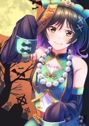 Rule 34 | 1girl, absurdres, bare shoulders, bead necklace, beads, black hair, breasts, bright09, china dress, chinese clothes, closed mouth, detached sleeves, dress, earrings, fang, fang out, gradient hair, hair ornament, hairclip, halloween, hat, highres, jewelry, jiangshi, looking at viewer, love live!, love live! nijigasaki high school idol club, love live! school idol festival all stars, mifune shioriko, multicolored hair, necklace, ofuda, purple hair, qingdai guanmao, red eyes, short hair, sleeves past fingers, sleeves past wrists, small breasts, smile, solo, swept bangs