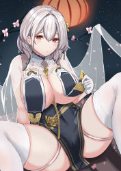 Rule 34 | 1girl, absurdres, alternate costume, arm support, azur lane, blush, branch, breasts, cape, cleavage, closed mouth, clothes lift, covered navel, gloves, hair intakes, highres, kanta (kanta 077), lantern, large breasts, leaning back, looking at viewer, night, night sky, outdoors, paper lantern, red eyes, revealing clothes, see-through, short hair, silver hair, sirius (azur lane), sirius (azure horizons) (azur lane), sitting, skindentation, sky, spread legs, star (sky), thighhighs, thighs, white cape, white gloves, white thighhighs