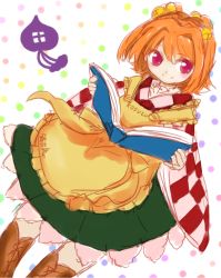 Rule 34 | 1girl, apple, bell, book, boots, checkered clothes, food, fruit, hair bell, hair ornament, moni (credo), motoori kosuzu, orange hair, polka dot, polka dot background, red eyes, solo, touhou, twintails, two side up