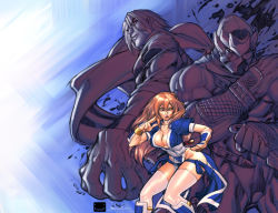 Rule 34 | 1girl, 2boys, armor, breasts, brown hair, cleavage, collaboration, colorized, david grier, dead or alive, fighting stance, greaves, hair down, hayate (doa), image sample, japanese armor, kasumi (doa), kote, kunai, large breasts, lips, long hair, mask, multiple boys, muscular, ninja, no panties, pelvic curtain, red eyes, ryu hayabusa, shinobixxx, tecmo, thighhighs, weapon, white thighhighs