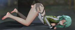 Rule 34 | 1boy, 1girl, all fours, aqua hair, asada shino, ass grab, barefoot, blush, breasts, censored, closed eyes, clothed sex, cropped jacket, doggystyle, ginhaha, glaring, green jacket, hair ornament, hairclip, hetero, highres, jacket, looking back, medium breasts, mosaic censoring, penis, scowl, sex, sex from behind, shiny skin, short hair, sinon, solo focus, sword art online, top-down bottom-up, vaginal