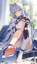 Rule 34 | 1girl, :d, barefoot, black gloves, breasts, bronya zaychik, bronya zaychik (silverwing: n-ex), cellphone, cleavage, couch, curtains, day, dress, earrings, feet, fled, full body, gloves, grey eyes, grey hair, grin, hair ornament, highres, honkai (series), honkai impact 3rd, id card, indoors, jewelry, knees together feet apart, lanyard, large breasts, long hair, looking at viewer, no shoes, open mouth, panties, phone, single thighhigh, sitting, smile, soles, solo, table, teeth, thighhighs, toes, tree, underwear, very long hair, white dress, white panties, white thighhighs, window