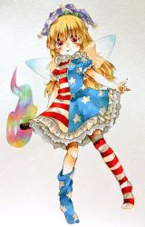 Rule 34 | 1girl, \n/, adapted costume, alternate legwear, american flag dress, american flag legwear, blonde hair, blush, cacts (pikasan), clownpiece, collar, dress, fairy wings, fire, frilled collar, frilled dress, frilled shirt collar, frills, full body, hat, holding, jester cap, long hair, looking at viewer, petticoat, polka dot, red eyes, short sleeves, simple background, solo, standing, striped clothes, striped dress, striped thighhighs, thighhighs, thighhighs pull, torch, touhou, traditional media, wings