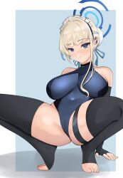 Rule 34 | 1girl, alternate costume, bare shoulders, black gloves, black thighhighs, blonde hair, blue archive, blue background, blue eyes, blue leotard, blush, border, breasts, cleavage, commentary request, earbuds, earphones, fingerless gloves, gloves, hair bun, halo, large breasts, leotard, looking at viewer, maid headdress, no shoes, short hair, solo, spread legs, tf cafe, thigh strap, thighhighs, toeless legwear, toes, toki (blue archive), white border