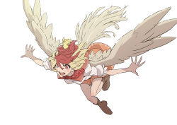 Rule 34 | 1girl, absurdres, animal, animal on head, bird, bird on head, blonde hair, boots, bright pupils, brown footwear, capelet, chick, commentary, feathered wings, highres, kawayabug, multicolored hair, neck ribbon, niwatari kutaka, on head, open mouth, orange skirt, outstretched arms, red eyes, red hair, red neckwear, ribbon, shirt, short hair, short sleeves, skirt, smile, spread arms, touhou, white background, white pupils, white shirt, wings