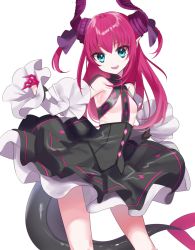 Rule 34 | 10s, 1girl, blue eyes, claws, corset, detached sleeves, dress, elizabeth bathory (fate), elizabeth bathory (fate/extra ccc), elizabeth bathory (first ascension) (fate), fate/extra, fate/extra ccc, fate (series), flat chest, horns, long hair, looking at viewer, misumi (macaroni), pink hair, plaid, plaid skirt, pointy ears, simple background, skirt, smile, solo, tail, white background