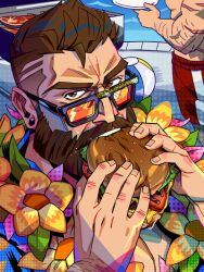 Rule 34 | 1boy, alternate costume, arm hair, bara, beard, breaking spine, burger, character request, eating, facial hair, food, food focus, from above, full beard, graves (league of legends), hair tattoo, holding, holding food, large pectorals, league of legends, looking at viewer, looking over eyewear, male focus, mature male, muscular, muscular male, old, old man, pectoral cleavage, pectorals, scar, short hair, solo focus, sunglasses, thick beard, thick eyebrows, undercut, wrinkled skin