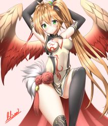Rule 34 | 1girl, bird wings, black gloves, black socks, blush, breasts, brown hair, china dress, chinese clothes, cleavage cutout, clothing cutout, commentary request, dress, elbow gloves, gloves, green eyes, highres, kneehighs, leilan (p&amp;d), lilium0235, long hair, medium breasts, puzzle &amp; dragons, side ponytail, signature, smile, socks, solo, wings