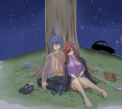 Rule 34 | 1boy, 1girl, barefoot, blue hair, blush, breasts, couple, erza scarlet, facial mark, fairy tail, formal, hair between eyes, hair over one eye, hetero, jacket, jellal fernandes, large breasts, leaning on person, long hair, long sleeves, mashima hiro, necktie, night, night sky, outdoors, pink shirt, red hair, shirt, short hair, sitting, skirt, sky, smile, spiked hair, star (sky), starry sky, tattoo, tree, turtleneck