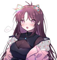 Rule 34 | 1girl, alternate hairstyle, atelier live, blush, breasts, cleavage, commentary, embarrassed, english commentary, fang, glint, highres, himey, himey (vtuber), long hair, looking at viewer, medium breasts, open mouth, purple eyes, purple hair, simple background, solo, upper body, virtual youtuber, white background