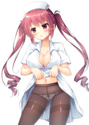 Rule 34 | 1girl, blush, bow, bow panties, breasts, brown pantyhose, cleavage, closed mouth, clothes lift, collarbone, collared dress, commentary request, dress, dress lift, fujikura ryuune, hat, head tilt, large breasts, lifting own clothes, long hair, looking at viewer, navel, nurse, nurse cap, original, panties, panties under pantyhose, pantyhose, partially unbuttoned, red eyes, red hair, ringlets, sidelocks, simple background, solo, thighband pantyhose, twintails, underwear, very long hair, white background, white dress, white hat, white panties