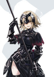 Rule 34 | 1girl, armor, armored dress, asagami (hnt16303310), black legwear, breasts, chain, dress, fate/grand order, fate (series), hair over one eye, headpiece, highres, holding, holding weapon, jeanne d&#039;arc (fate), jeanne d&#039;arc alter (avenger) (fate), jeanne d&#039;arc alter (fate), looking at viewer, short hair, silver hair, simple background, smile, solo, weapon, white background, yellow eyes