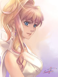 Rule 34 | 1girl, blonde hair, blue eyes, character name, collarbone, earrings, from side, jewelry, long hair, looking at viewer, macross, macross frontier, miruhito (sakiomiruhito), parted lips, sheryl nome, sleeveless, smile, solo, upper body