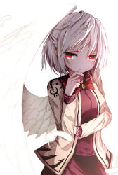 Rule 34 | 1girl, beige jacket, bow, bowtie, brooch, cowboy shot, eyelashes, feathered wings, feathers, hand on own chin, highres, jacket, jewelry, kishin sagume, looking to the side, nankotsu, purple skirt, red eyes, short hair, sidelighting, simple background, single wing, skirt, solo, suit jacket, touhou, white background, white hair, white wings, wings