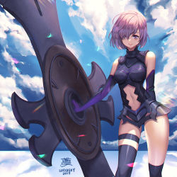 Rule 34 | 1girl, asymmetrical legwear, bare shoulders, clothing cutout, cloud, day, elbow gloves, fate/grand order, fate (series), gloves, hair over one eye, light purple hair, lucidsky, mash kyrielight, navel cutout, purple eyes, shield, signature, sky, smile, solo, thigh strap, thighhighs, uneven legwear