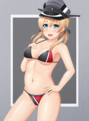 Rule 34 | 10s, 1girl, adapted costume, anchor hair ornament, bikini, blonde hair, breasts, cleavage, green eyes, hair ornament, hand on breast, hand on own hip, hat, kantai collection, long hair, ogoro, peaked cap, prinz eugen (kancolle), solo, string bikini, swimsuit, twintails