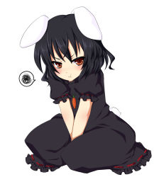 Rule 34 | 1girl, :t, alternate color, animal ears, black dress, black hair, blush, carrot, dress, female focus, full body, highres, inaba tewi, jewelry, pendant, pout, rabbit ears, rabbit girl, rabbit tail, red eyes, short hair, simple background, sitting, solo, squiggle, tail, touhou, v arms, white background, yami nabe