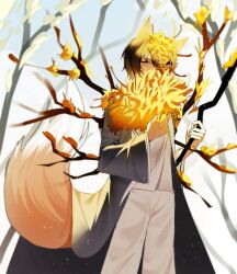 Rule 34 | 1boy, animal ears, bare tree, black hair, branch, coat, covering own mouth, e.g.o (project moon), folding fan, forest, fox ears, fox tail, grey coat, hand fan, hi i dubu, highres, holding, holding branch, holding fan, jacket, limbus company, nature, pants, project moon, snow, solo, tail, tree, white jacket, white pants, yellow eyes, yi sang (project moon)