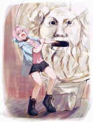 Rule 34 | 1girl, absurdres, ahoge, black footwear, black shorts, blue hair, blush, bocca della verita, boots, closed eyes, clothes writing, collar, crying, dot nose, fang, flying sweatdrops, full body, hair between eyes, hair intakes, hamachamu, hand on own arm, highres, idolmaster, idolmaster cinderella girls, multicolored hair, nose blush, open clothes, open mouth, outstretched arm, pink hair, pink shirt, shirt, short hair, short shorts, shorts, solo, tears, two-tone hair, yumemi riamu