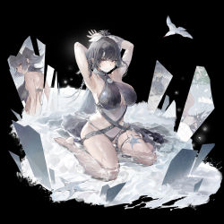 Rule 34 | 1girl, armpits, arms up, bare shoulders, barefoot, bird, black background, breasts, broken glass, chain, commentary request, different reflection, earrings, full body, girls&#039; frontline, girls&#039; frontline neural cloud, glass, grey hair, grey one-piece swimsuit, hair ribbon, halterneck, highres, jewelry, large breasts, looking at viewer, mole, mole on thigh, mole under mouth, nora (neural cloud), official alternate costume, one-piece swimsuit, partially submerged, purple eyes, reflection, ribbon, seagull, short hair, sitting, smile, starfish, swimsuit, t lege d, thighs, wariza, water, wet
