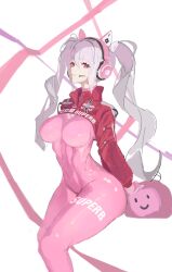 Rule 34 | 1girl, absurdres, alice (nikke), animal ear headphones, animal ears, bodysuit, breasts, clothes writing, covered navel, cropped jacket, dgm, fake animal ears, gloves, goddess of victory: nikke, grey hair, grin, headphones, headset, highres, impossible bodysuit, impossible clothes, jacket, large breasts, latex, latex bodysuit, long hair, looking at viewer, pink bodysuit, pink eyes, pink gloves, puffy sleeves, red jacket, sidelocks, sitting, skin tight, smile, solo, twintails, two-tone gloves, white gloves
