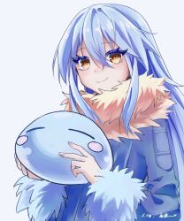 Rule 34 | 1other, = =, androgynous, blue hair, blue jacket, blush stickers, chinese commentary, closed mouth, colored eyelashes, commentary request, crossed bangs, dated, fur-trimmed jacket, fur-trimmed sleeves, fur trim, heng (heng798616), highres, holding, jacket, long hair, long sleeves, other focus, rimuru tempest, rimuru tempest (slime), simple background, slime (creature), smile, tensei shitara slime datta ken, upper body, white background, yellow eyes