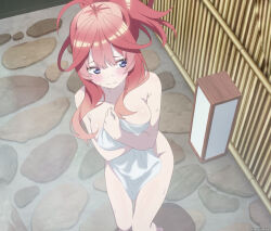 Rule 34 | 1girl, ahoge, arms under breasts, bare shoulders, blue eyes, breasts, breasts squeezed together, cleavage, covering privates, covering breasts, go-toubun no hanayome, groin, hair between eyes, highres, large breasts, long hair, nakano itsuki, naked towel, red hair, screencap, stitched, thighs, third-party edit, towel