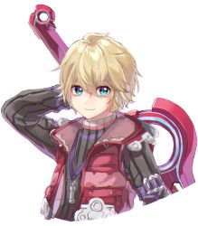 Rule 34 | 1boy, bad id, bad twitter id, blonde hair, blue eyes, highres, looking at viewer, male focus, monado, nintendo, ruiko 12, short hair, shulk (xenoblade), simple background, smile, solo, super smash bros., sword, weapon, white background, xenoblade chronicles (series), xenoblade chronicles 1