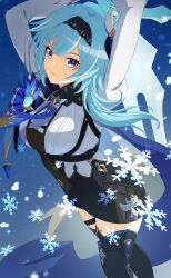 Rule 34 | 1girl, absurdres, arms up, ass, black leotard, blue hair, blunt bangs, claymore (sword), commentary request, eula (genshin impact), genshin impact, greatsword, grey eyes, hair between eyes, hair ornament, hairband, highres, holding, holding sword, holding weapon, itsumiruka, leotard, long sleeves, looking at viewer, medium hair, necktie, shoulder strap, sidelocks, solo, sword, thighhighs, v-shaped eyebrows, vision (genshin impact), weapon, zettai ryouiki