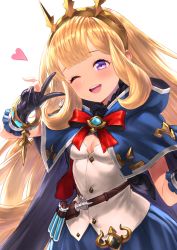 Rule 34 | 1girl, ;d, belt, black gloves, blonde hair, blue cape, blue skirt, blush, bracelet, breasts, brooch, buttons, cagliostro (dark) (granblue fantasy), cagliostro (granblue fantasy), cape, cleavage, frilled gloves, frills, gloves, granblue fantasy, hairband, heart, highres, jewelry, lips, long hair, looking at viewer, one eye closed, open mouth, partially fingerless gloves, purple eyes, red ribbon, ribbon, shirt, simple background, skirt, small breasts, smile, solo, teeth, test tube, upper body, upper teeth only, v, white background, white shirt, yapo (croquis side)