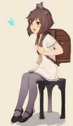 Rule 34 | 10s, 1girl, :d, animal, backpack, bag, beige background, black footwear, blush, brown eyes, brown hair, buckle, bug, butterfly, flat chest, full body, grey hat, hat, insect, kantai collection, km yama, mary janes, mini hat, neckerchief, open mouth, pantyhose, purple pantyhose, randoseru, round teeth, school uniform, serafuku, shirt, shoes, short hair, short sleeves, simple background, smile, solo, tareme, teeth, white shirt, yellow background, yukikaze (kancolle)